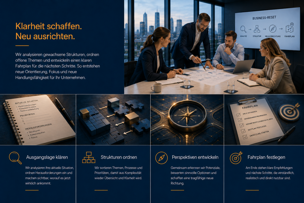 Business-Reset der Erik Schmidt Unternehmensberatung mit strukturierter Darstellung von Analyse, Neuausrichtung und Fahrplan.