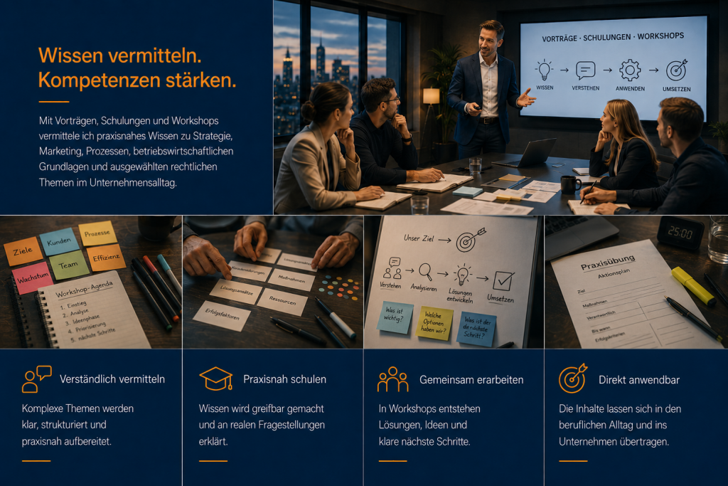 Vorträge, Schulungen und Workshops zu Strategie, Marketing, Prozessen und betriebswirtschaftlichen Grundlagen bei Erik Schmidt Unternehmensberatung